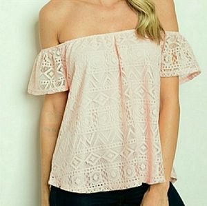 MINE Off The Shoulder Pink Lace Overlay Top Sz M